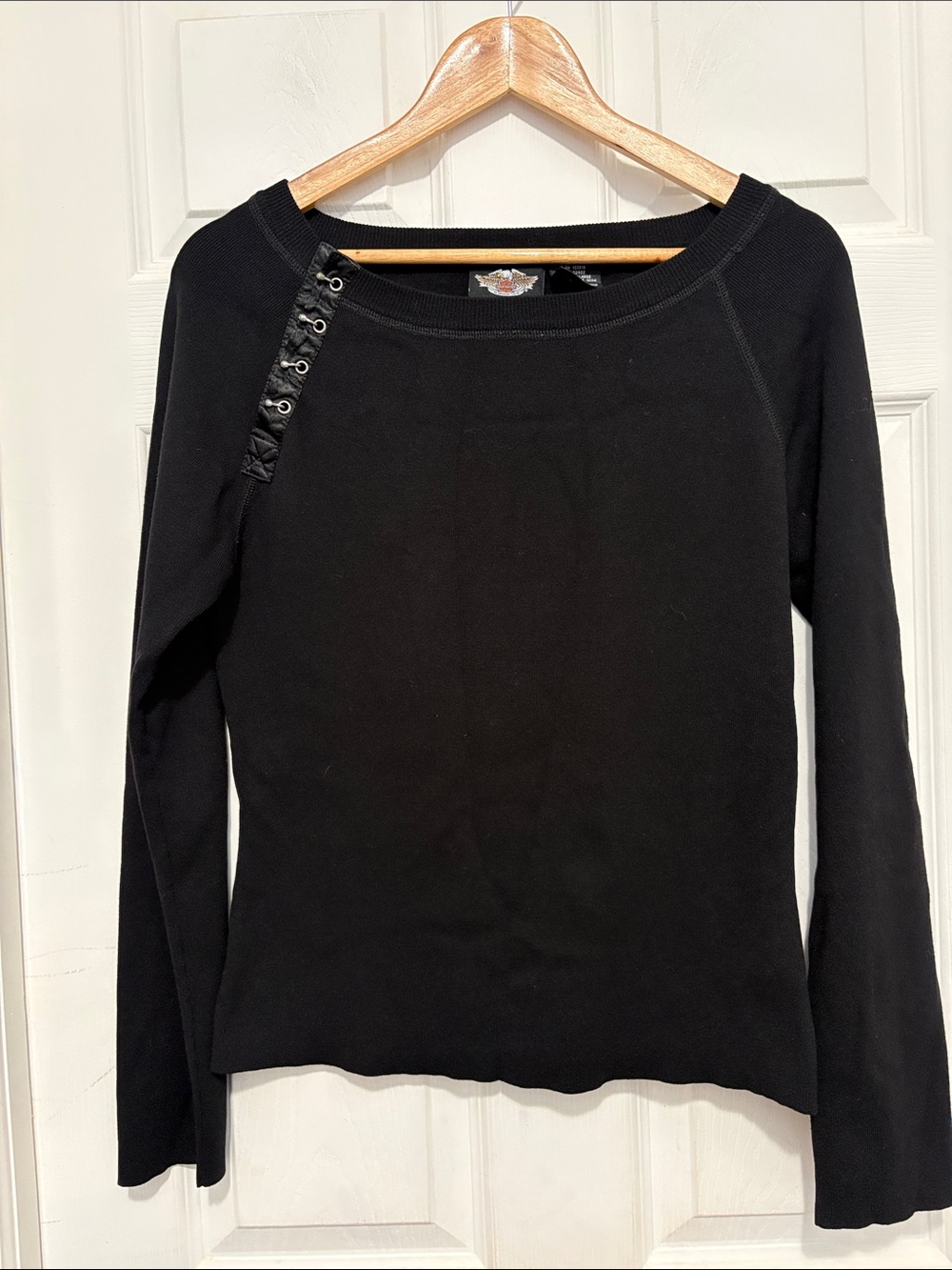Harley Davidson Black Women's Long-Sleeve Knit Top with Metal Hook Detail